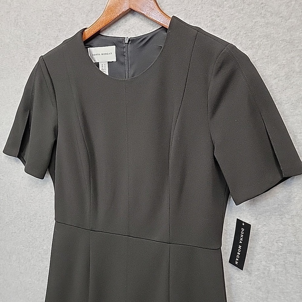 DONNA MORGAN A-Line Midi Dress Womens Sz 12 Black Crepe Lined Short Sleeve NWT